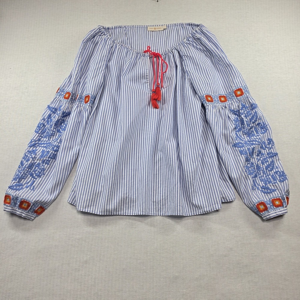 Tory Burch Blue Striped Embroidered Off Shoulder Blouse Top Size 8 Boho Coastal